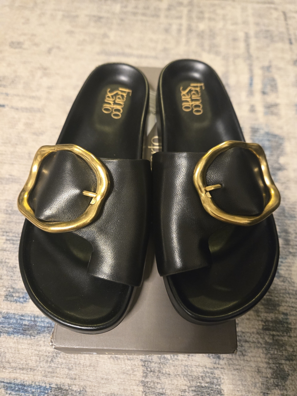 Franco Sarto Black Slide Sandals with Gold Buckle